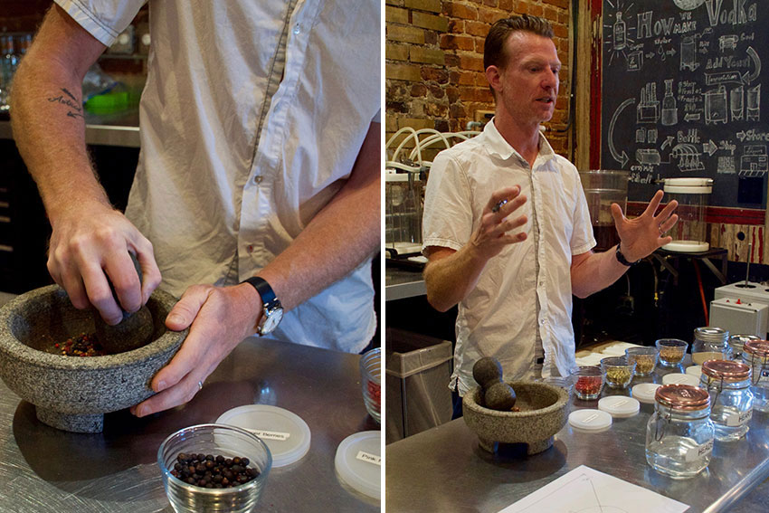 Crushing juniper berries and Jeff explaining his experimentations.