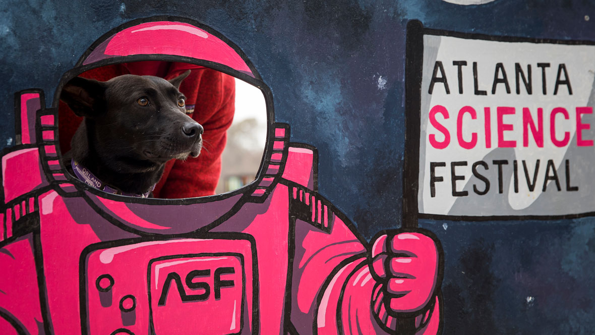 Dog representing ALEX, mascot of Atlanta Science Festival