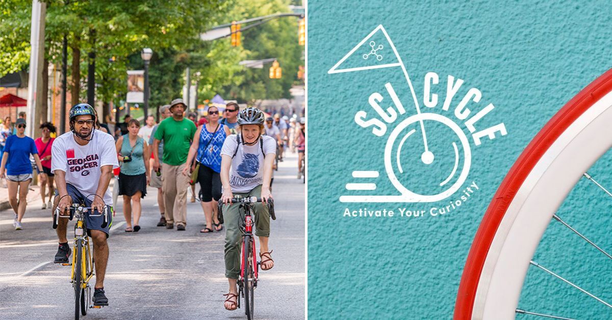 Volunteers on bikes, cycling for Scicycle. Activate Your Curiosity.
