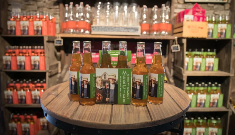 Display of apple ciders and beverages at Mercier Orchards.