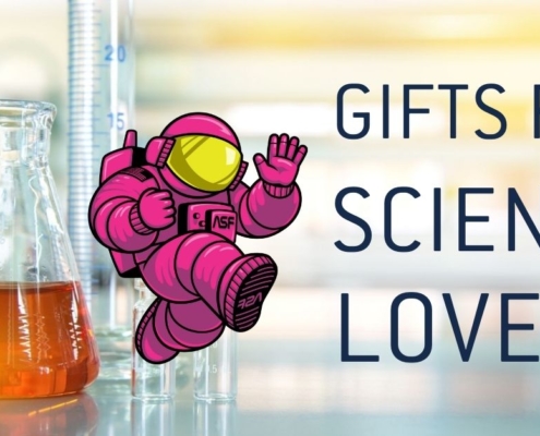 Pink ALEX mascot with "Gifts for Science Lovers" on a chemistry background