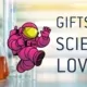 Pink ALEX mascot with "Gifts for Science Lovers" on a chemistry background