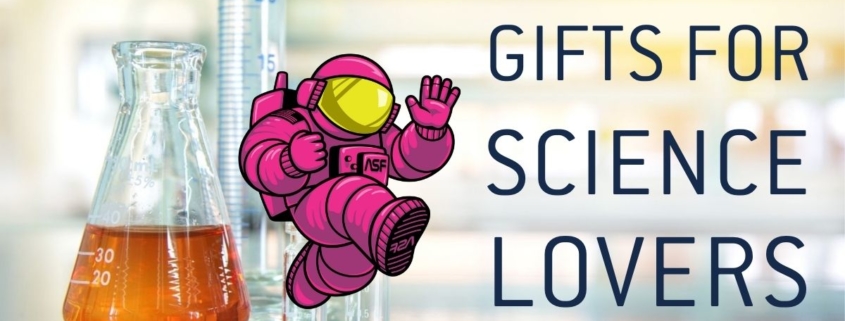 Pink ALEX mascot with "Gifts for Science Lovers" on a chemistry background
