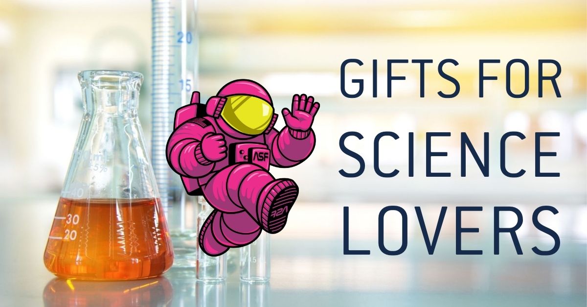 Pink ALEX mascot with "Gifts for Science Lovers" on a chemistry background