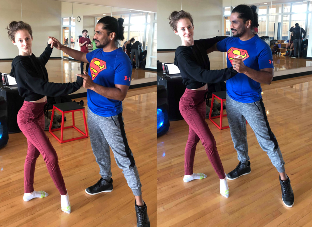 Ashwin and Kristen post while dancing