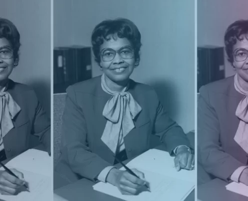 Collage of Gladys West with a navy blue and pink gradient