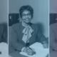 Collage of Gladys West with a navy blue and pink gradient
