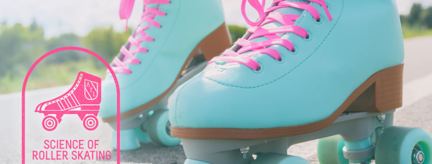 Close-up shot of a woman wearing colorful teal rollerskates with hot pink laces