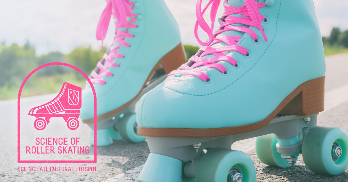 Close-up shot of a woman wearing colorful teal rollerskates with hot pink laces