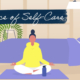 Illustrated graphic of a woman in a yellow sweatshirt meditating on a purple yoga mat. A navy blue brushstroke and text overlay reads "Science of Self-Care"