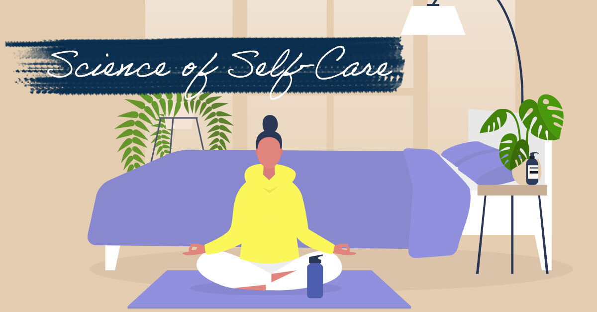 Illustrated graphic of a woman in a yellow sweatshirt meditating on a purple yoga mat. A navy blue brushstroke and text overlay reads "Science of Self-Care"