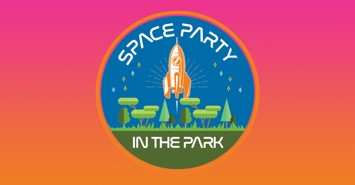 Space Party in the Park logo on pink and orange gradient background