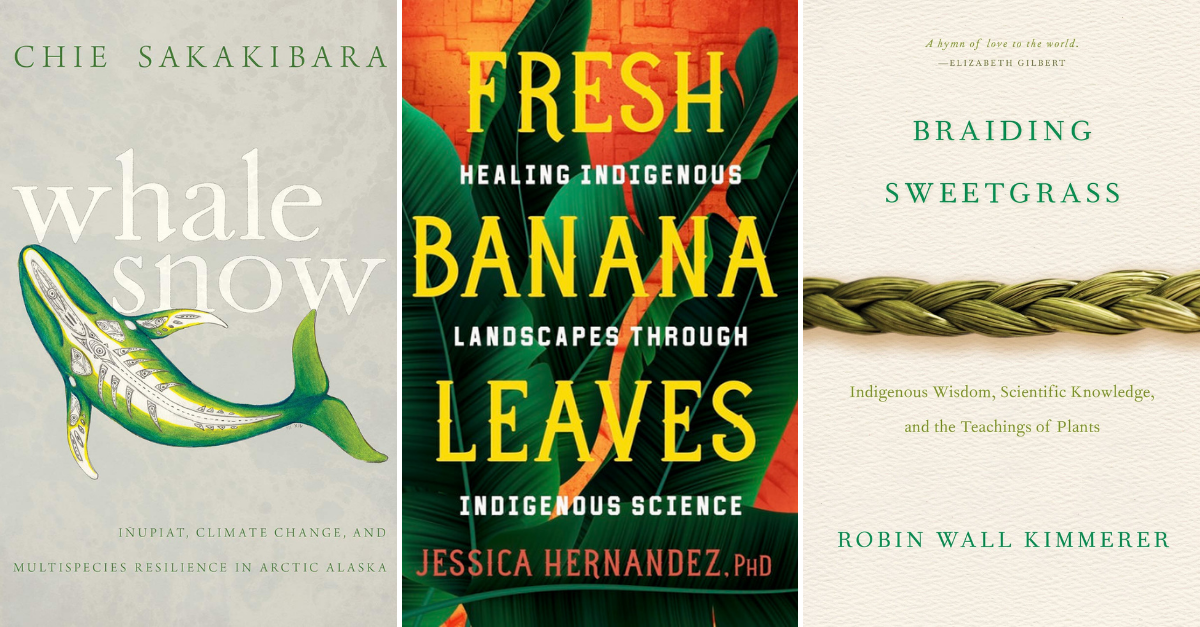 Collage of three books: Whale Snow by Chie Sakakibara, Fresh Banana Leaves by Jessica Hernandez, and Braiding Sweetgrass by Robin Wall Kimmerer