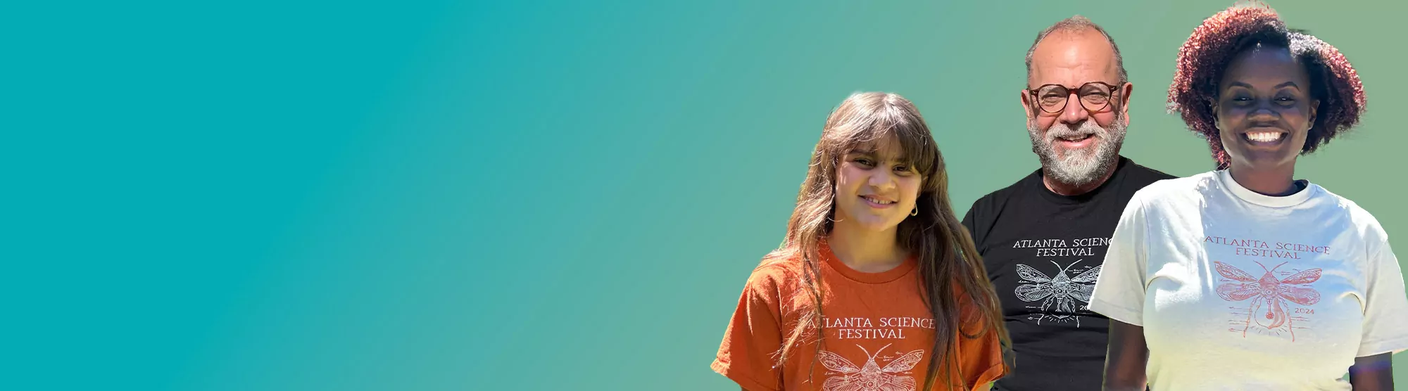 A child, a man and a woman wearing 2024 Atlanta Science Festival t-shirts.
